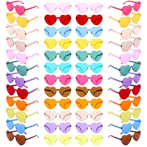 48 Pack Heart Shaped Sunglasses 12 Colors Unbreakable PC UV400 Protection, Trendy Rimless Glasses for Women Men Kids, Bulk Party Accessories for Beach Vacation Birthday Photo Props