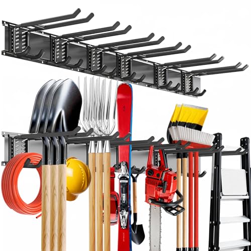 Tebgeag Garage Tool Organizer Wall Mount, 48inch Heavy-Duty Garage Storage System and Garden Tool Organizer with 6 Adjustable Double Hooks for Shovel, Snowboard, Yard Tools and Shed