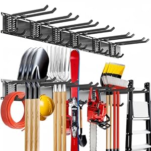 Garage Tool Organizer Wall Mount, 48inch Heavy-Duty Garage Storage System and Garden Tool Organizer with 6 Adjustable Double Hooks for Shovel, Snowboard, Yard Tools and Shed
