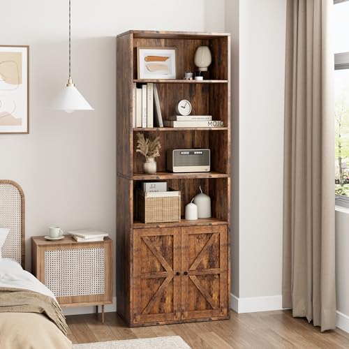 IDEALHOUSE Bookcase with Doors Industrial Bookshelf 11.8in Depth Display Storage Shelves 71.4in Tall Farmhouse Bookcases Wooden 6 Shelf Bookshelvels for Bedroom, Living Room, Home Office