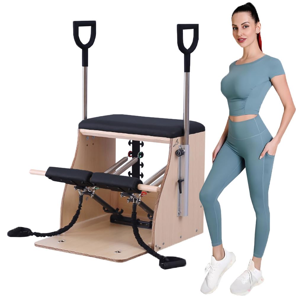Asiento de Pilates de PU y Madera para Reformer, Corrector de Postura, Barril de Pilates, Silla de Pilates con Pedales y Asas divididos para Yoga, Set Multifuncional de Reformer de Pilates.