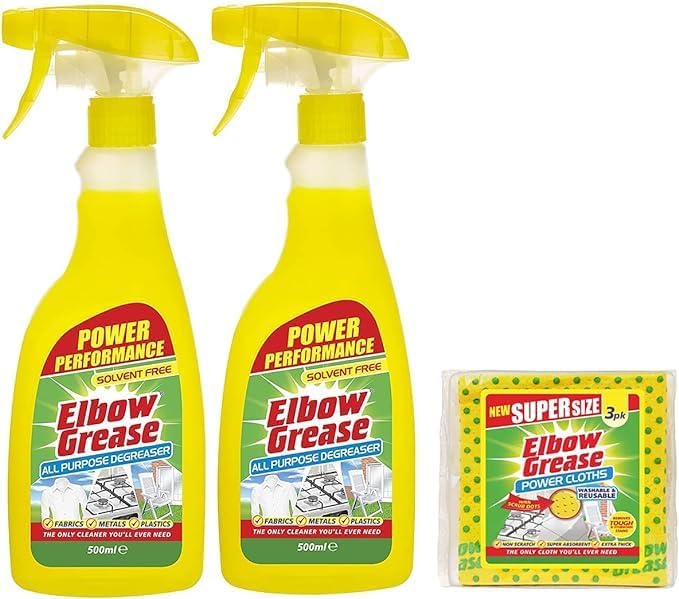 2X Elbow Grease All-purpose Degreaser Spray- 2X 500 ml (1L)- Effective Cleaner Formula for Kitchen, Fabric, and Metallic Surfaces with 1 Pack of Elbow Grease Power Cloth