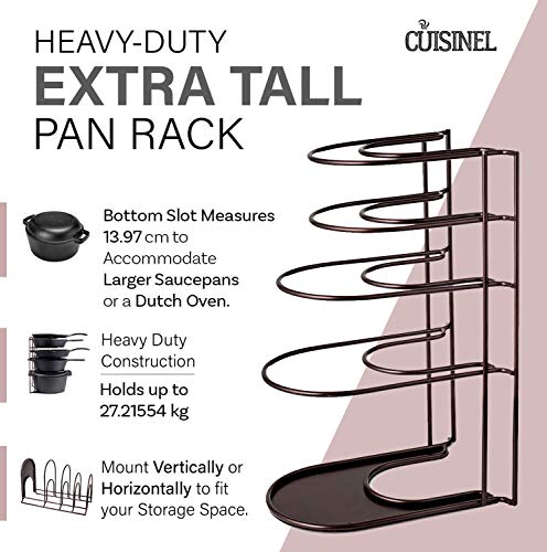 Heavy Duty Pan Organizer, Extra Large 5 Tier Rack - Holds Cast Iron Skillets, Dutch Oven, Griddles - Durable Steel Construction - Space Saving Kitchen Storage - No Assembly Required- Bronze 15" #TOP3