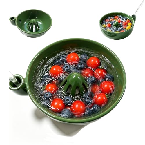 Ceramic Berry Washing Bowl Automatic Self-Spinning Fruit Vegetable Washer with Drain Holes 360° Spin Colander Rinse Serve Bowl for Berries, Grapes, Cherry Tomatoes and Salad