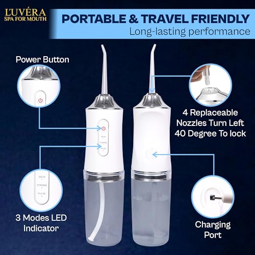 Image of L'UVERA Portable Water Flosser for Teeth, Cordless Oral Irrigator with 3 Cleaning Modes, 4 Jet Tips, 230ML Detachable Water Tank, USB Rechargeable Dental Flosser for Home & Travel (White /Green /Pink)