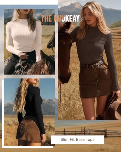 Huukeay 3 Pack Women's Mock Turtleneck Tops Cotton Ribbed Long Sleeve Slim Fit Shirts Lettuce Trim Fall Casual Basic Tees3