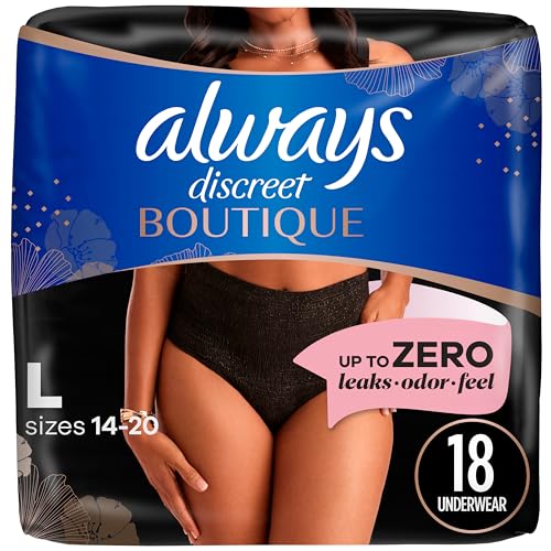 Image of Always Discreet Boutique Incontinence and Postpartum Underwear for Women, Maximum Protection, L, Black, 18 Count (Packaging May Vary)
