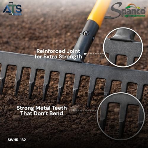 Image of Spanco Heavy Duty Garden Rake (10 Teeth) with Long Handle for Quick Clean Lawn | Garden Leaf and Garbage Hand Cultivator | Garden Rake for Grass (SWHR-130)
