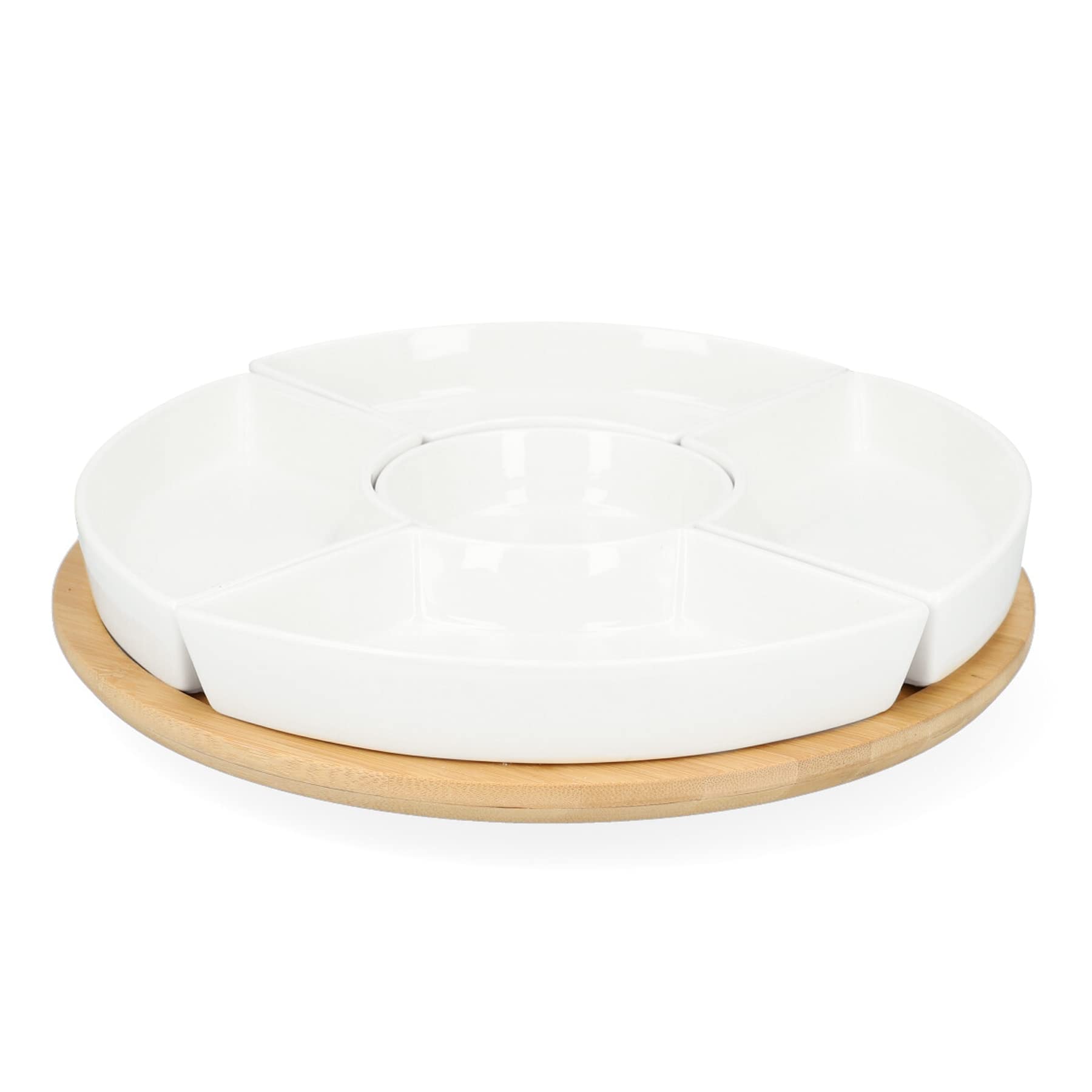 HOMLA Fincan Moderne Servierplatte Rund 6-teilig - Auffallendes Design Teller für Partys Feiern Snacks Häppchen - Porzellan und Bambusholz Ø 30 cm Weiß