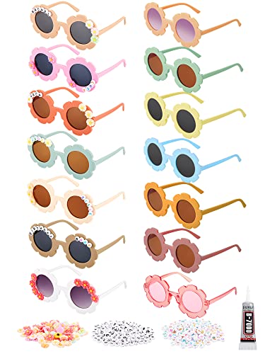 Dunzy 14 Pcs DIY Round Flower Sunglasses with 200 Random Letter Beads 50 Daisy Charms Glue for DIY Name, Mardi Gras Party