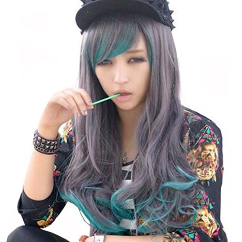 Idealgo Fashion Wigs 25'' 65 CM Long Curly Wavy Gradient Black Green Hair Cosplay Wig with Wig Cap for Women
