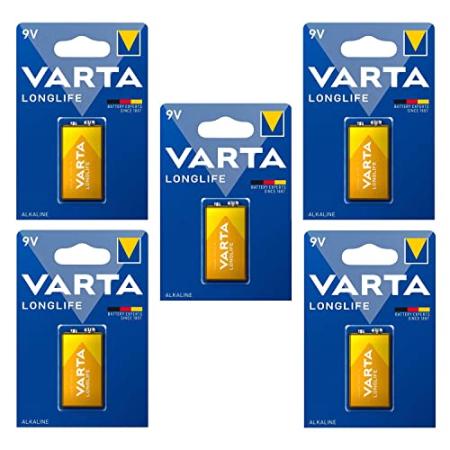 VARTA Pack of 5 Blister Packs of 1 Alkaline Battery LONGLIFE E-Bloc (6LR61) 9V