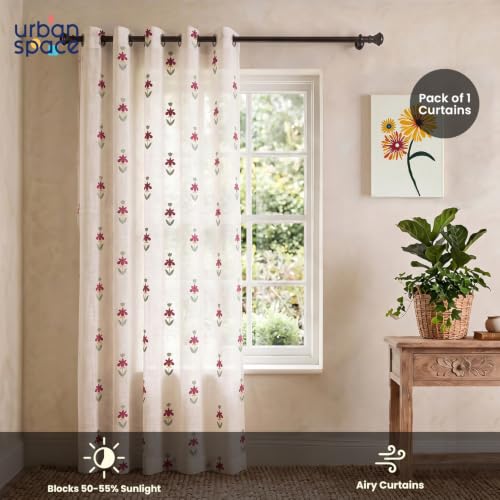 Image of Urban Space Cotton Sheer Curtain Pack of 1, Embroidered Semi Transparent Window Curtains 5 feet for Living Room, Bedroom & Balcony, 1 Pc Curtain with Eyelets and Tieback (Avira Pink - 5 feet)