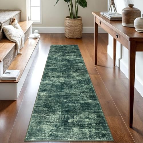 IOHOUZE Abstract Runner Rug 2x8 Ft Washable Runners for Hallways, Non Slip Kitchen Runner Printed Faux Wool Entryway Runner Indoor, Modern Abstract Floor Carpet for Hall Kitchen Bedroom, Dark Green