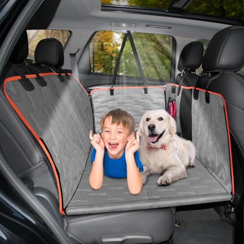HOPEPIG Back Seat Extender for Dogs, Dog Car Seat Cover with Mesh Window & Storage Pocket, Waterproof Dog Seat Cover for Back Seat, Pet Backseat Cover for Car SUV Truck, Gray