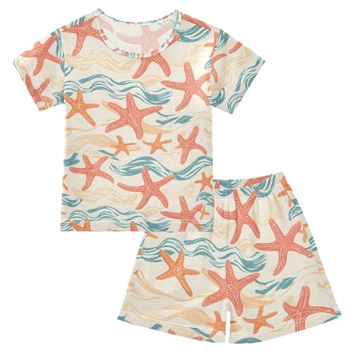 ALAZA Red Starfish Cartoon Pajamas Set Short Sleeve Cotton Sleepwear Summer Pjs 2 Piece 5-14Y