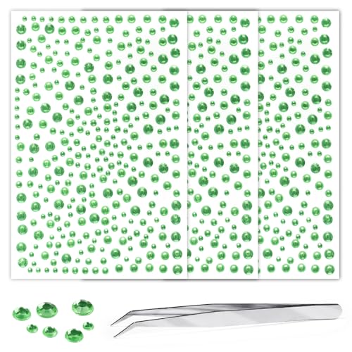 Self Adhesive Face Gems and Pearls for Makeup, Festival Jewels, Hair Gems, Rhinestone Stickers for Face, Eye, Makeup, Nail, Body, Crafts 3/4/5/6 mm 975Pcs (11.gem_LightGreen)