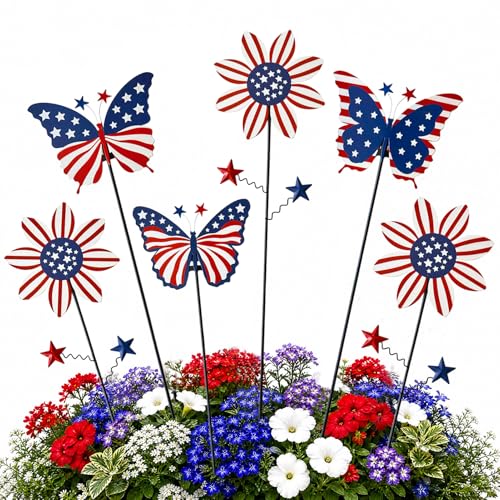 Image of 6Pack 4th of July Decorations Outdoor, 18.6Inch Patriotic Metal Flowers Butterfly Decorative Garden Stakes for Independence Day, Americana Patriotic Yard Signs Decor for Garden Lawn Porch