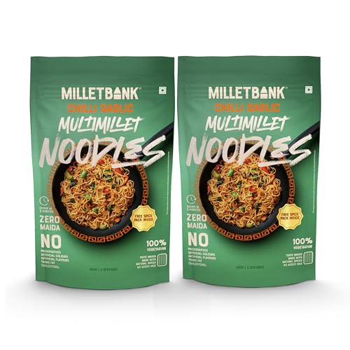 Image of Millet Bank Multi Millet Hakka Noodles Chilli Garlic|Noodles Packets No Maida, Not Fried, No MSG | No Added Preservatives | Pack of 2 - 180g Each
