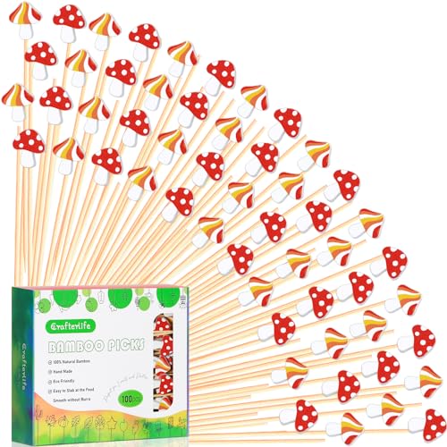 100Pcs Mushroom Cocktail Picks Fairy Enchanted Forest Decorations Toothpicks Fruit Sticks Skewers for Appetizer Charcuterie Food Sandwich, Mushrooms Woodland Birthday Baby Shower Themed Party Supplies