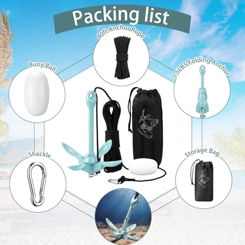 Image of MorningRo 1 Pack 1.5 /3.5 lb Marine Kayak Anchor Kit with 40ft Rope and Buoy Folding Grapnel Boat Anchor Kit Kayak Fishing Accessories for Small Boats, Canoe, SUP Paddle Boards