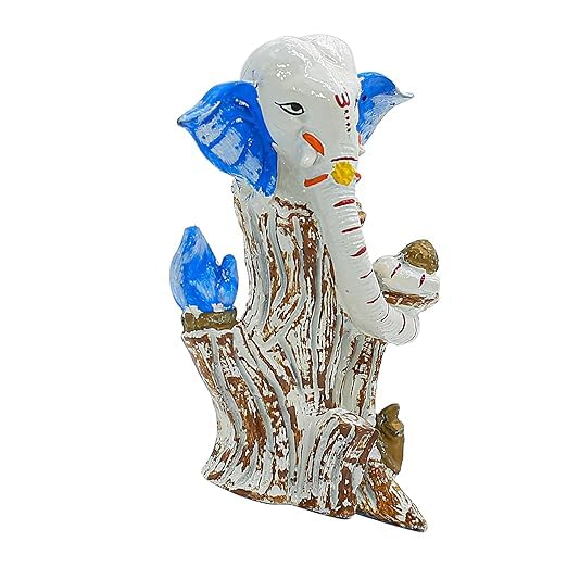 Golden-ebuyz Products Polyresin Decorative Ganesha Tree Figurine White and Blue 7 Inch Height Handcrafted Hindu Idol for Spiritual