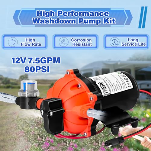 Image of 7.5 GPM 80 PSI Washdown Deck Wash Pump Kit, 12V Washdown Pump Kit with Strainer and Pressure Switch for RV,Boat,Sprayer,Travel Trailers,and Yacht -Freshwater Saltwater