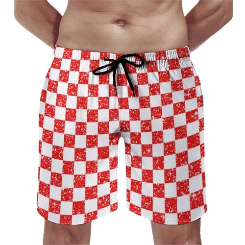 Glitter Orange White Checkered Flag Men's Beach Shorts Quick Dry Swim Trunks with Pockets Summer Boardshorts for Men
