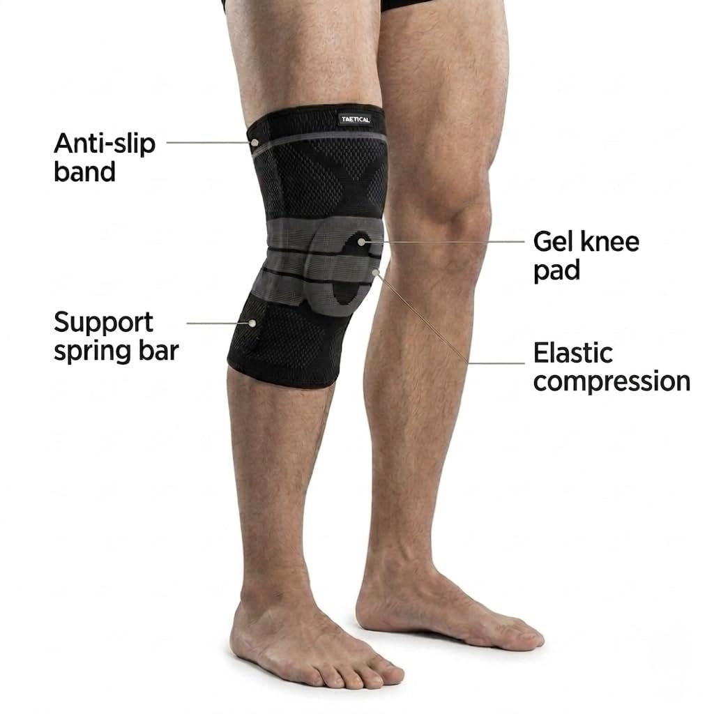 Tactical Fightwear Kniebandage mit Seitenstabilisatoren – Kniestütze mit Gel Padding, Kompression & Anti-Slip – Für Fitness, Laufen, MMA, BJJ und Kickboxen – Unisex – Größe L