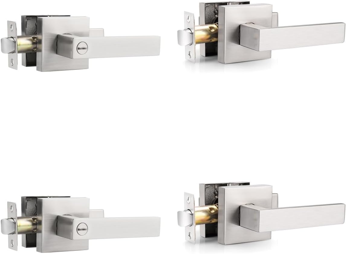 Probrico (2 Pack Privacy Door Levers and (2 Pack) Passage Door Levers Bundle, Satin Nickel Interior Door Handles for Bath/Bed and Hall/Closet,Heavy Duty