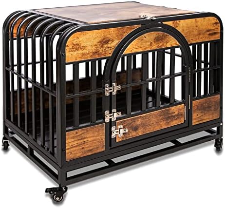 BARDY 38in Heavy Duty Dog Crate Furniture,Indestructible Medium Dog Crate with Removable Trays Wooden Dog Cage Kennel Indoor with Lockable Wheels for High Anxiety Dogs