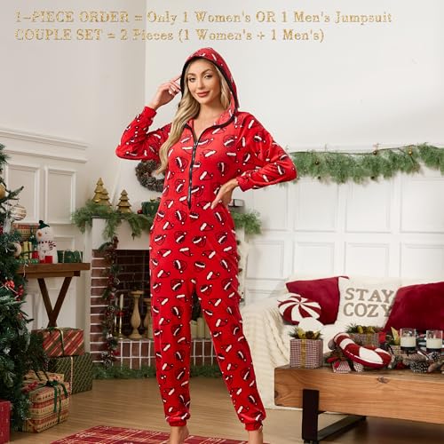U2SKIIN Matching Pajamas for Couples Onesie, Ultra Soft Plaid Hooded Pjs Set Christmas Zipper for Men and Women Warm Jumpsuit2