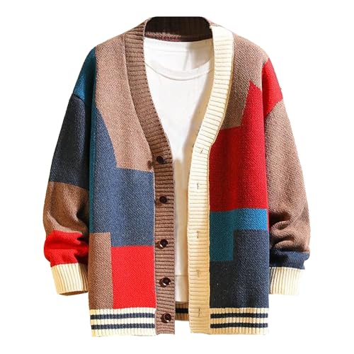 Men Shawl Collar Colorful Knit Cardigan Buttons Shawl Collar Knit Sweater Color Block Shawl Collar Cardigan Sweater