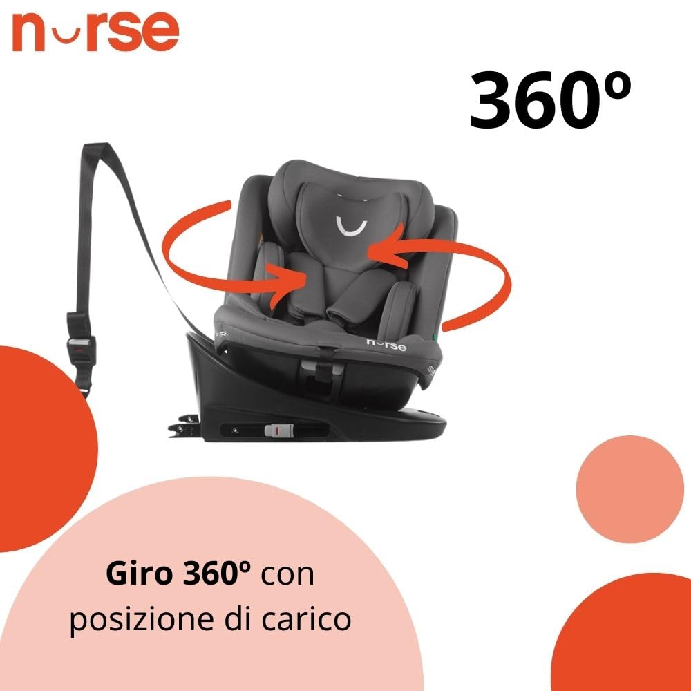 Nurse Spark, Seggiolino Auto iSize, 40 a 150 cm, 0 a 12 Anni, Isofix, Top Tether, Girevole 360, 13 Posizioni Poggiatesta, Grigio