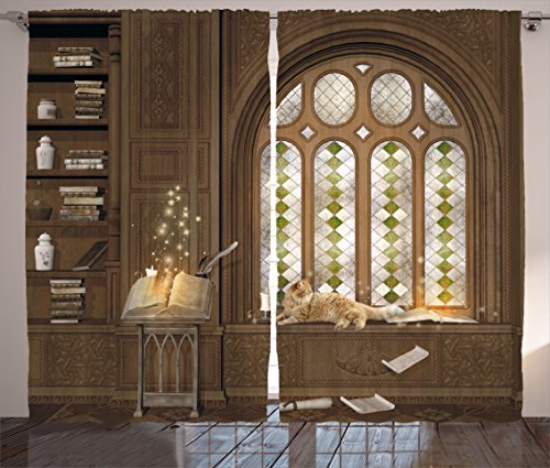 Ambesonne Gothic Curtains, Room for Study in The Medieval Library Cat Sleeping on Window Antique Mansion Print, Living Room Bedroom Window Drapes 2 Panel Set, 108" X 84", Taupe Ambesonne Gothic Curtains, Room for Study in The Medieval Library Cat Sleeping on Window Antique Mansion Print, Living Room Bedroom Window Drapes 2 Panel Set, 108" X 84", Taupe