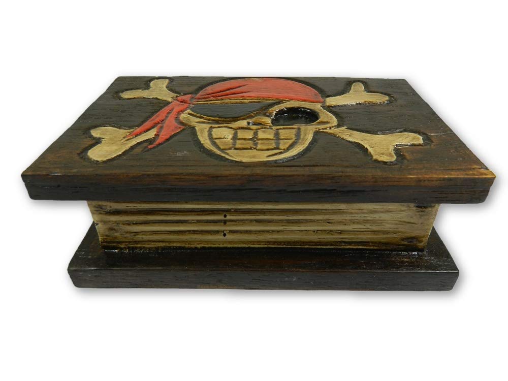 Book Shaped Wooden Pirate Trinket Box, H5cm L14.5cm D10cm - Small Treasure Chest with Skull & Crossbones - Antique Finish - Unique Keepsake Storage Box for Kids & Adults - Rustic Pirate Decor