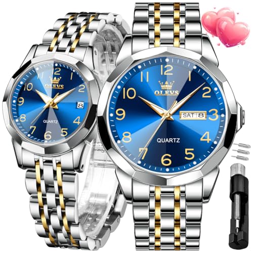 OLEVS His and Her Watches for Couples Set Gift Set Business Dress Luxury Black Couple Men and Women Wristwatch Waterproof Matching Watch Couples Stainless Steel Romantic Date