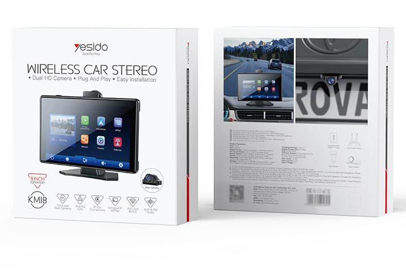 YESIDO Multimedya Araç Sistemi – 9 İnç HD Ekranlı CarPlay & Android Auto Destekli, 4K Ön/ 1K Arka Kamera Entegreli, Bluetooth 5.2 & WiFi Bağlantılı, Navigasyon ve Müzik Oynatma Özellikli, KM18, Siyah