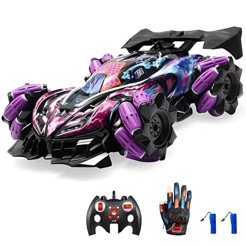 Genérico Coche RC Acrobático, Derrape Lateral 360°, Mando A Distancia con Guante, Enlace Música/luz, Función Pulverización, Alerón Trasero, Juguetes para Niños Y Adultos (Purple)