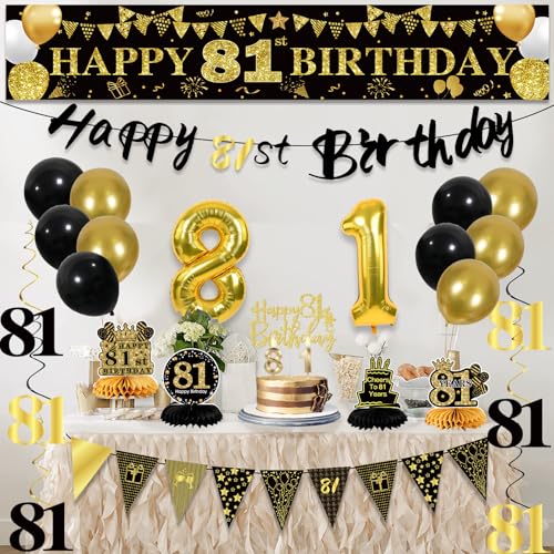 Image of 81st Birthday Decorations for Men, Black Gold 81st Party Decoration Kits