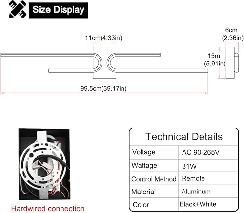 Miniatura 6 de Lámpara de tocador de baño negra sobre espejo 3CCT regulable para baño, barra de iluminación LED moderna de 39.17 pulgadas de largo, aplique de