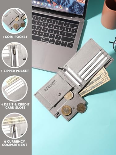 Image of SAMTROH Vegan Leather Wallet for Men | Vintage Printed | Premium Vegan Leather Craftsmanship | 3 Card Slots I 2 Cash Compartments & Secret Slots | 1 Coin Pocket. (Eagle, Grey)