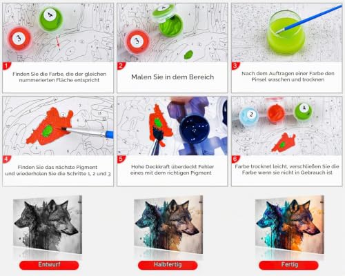 TISHIRON Rahmen Malen nach Zahlen Wolf DIY Malen nach Zahlen für Erwachsene Kinder Tiere Malen nach Zahlen Kits auf Leinwand mit Pinseln… – Ansicht 4