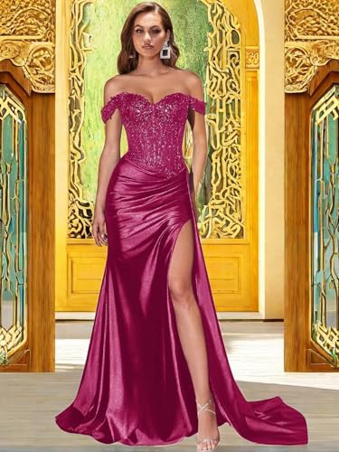 Women's Off The Shoulder Prom Dress with Slit Sparkly Satin Lace Applique Mermaid Formal Evening Gown4