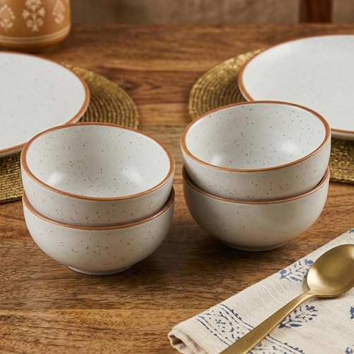 Image of The Earth Store White Matte Ceramic Dinner Set, 18 Pieces with 6 Dinner Plates & 12 Vegetable Bowls | Microwave & Dishwasher Safe | Crockery Set for Gifting & Dining