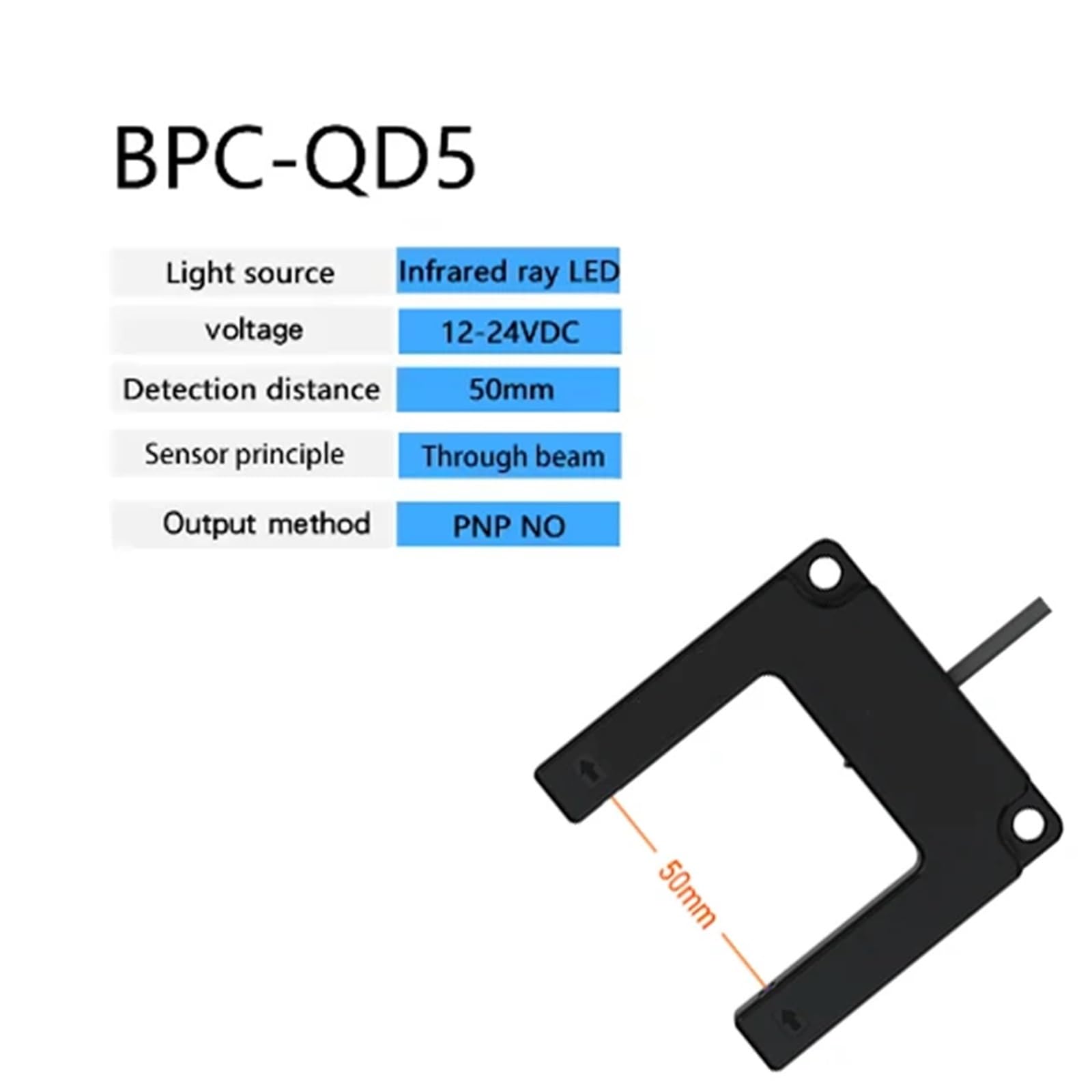 E3S Kwadratowy czujnik optyczny wiązki przelotowej z przełącznikiem NPN PNP NO+NC i odległością wykrywania od 30 mm do 50 mm.(BPC-QD5)