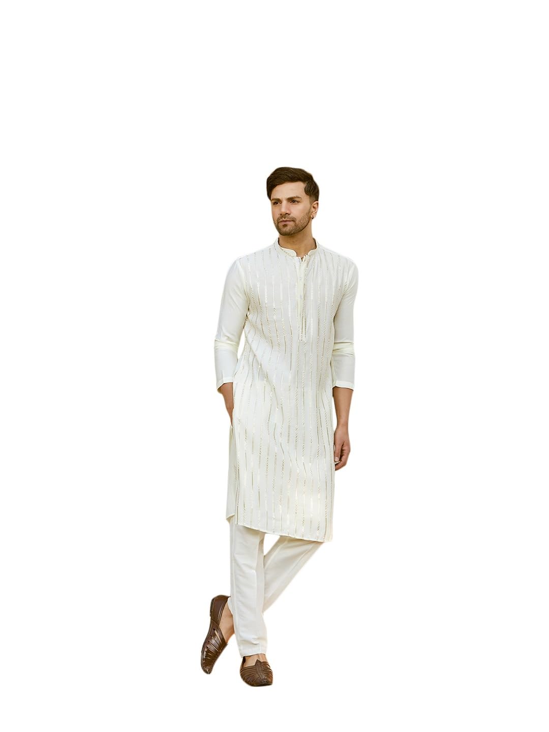 See Designs Men Full Sleeve Off White And Gold Chanderi Silk Sequins Mandarin Collar Side Slit Kurta - Sdkt2422Xxl