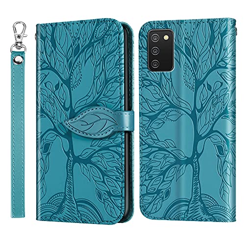 COTDINFOR Compatible Samsung Galaxy A03S Wallet Case, Leather with Card Holder, Magnetic Kickstand, Wrist Strap, Flip Shockproof Case - Life Tree Blue