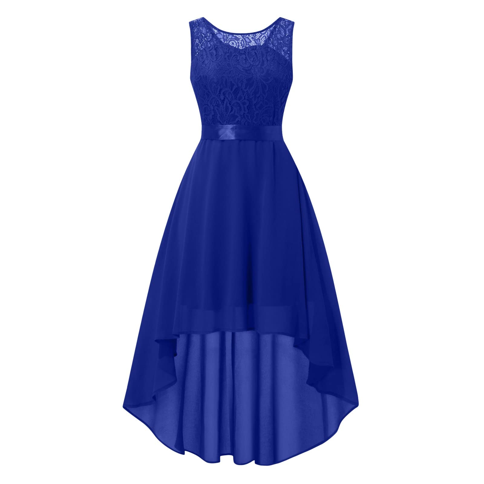 Robe Femme élégante Quotidien, Robe en Dentelle pour Femme avec Ceinture à nœud, Robe élégante de Longueur asymétrique, Robe sans Manches en Mousseline, Robe de Demoiselle d'honneur pour Cocktail