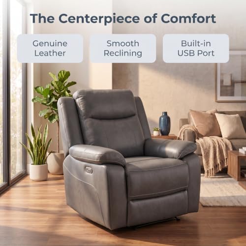 Image of Leather Manual Recliner Chair with USB Port for Home, Deep Grey